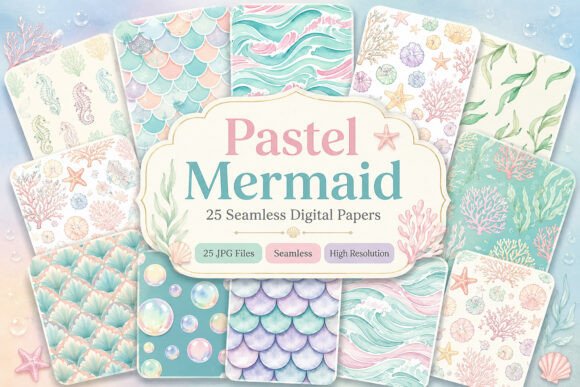 Download Pastel Mermaid Digital Paper Pattern - Mermaid digital paper Collection